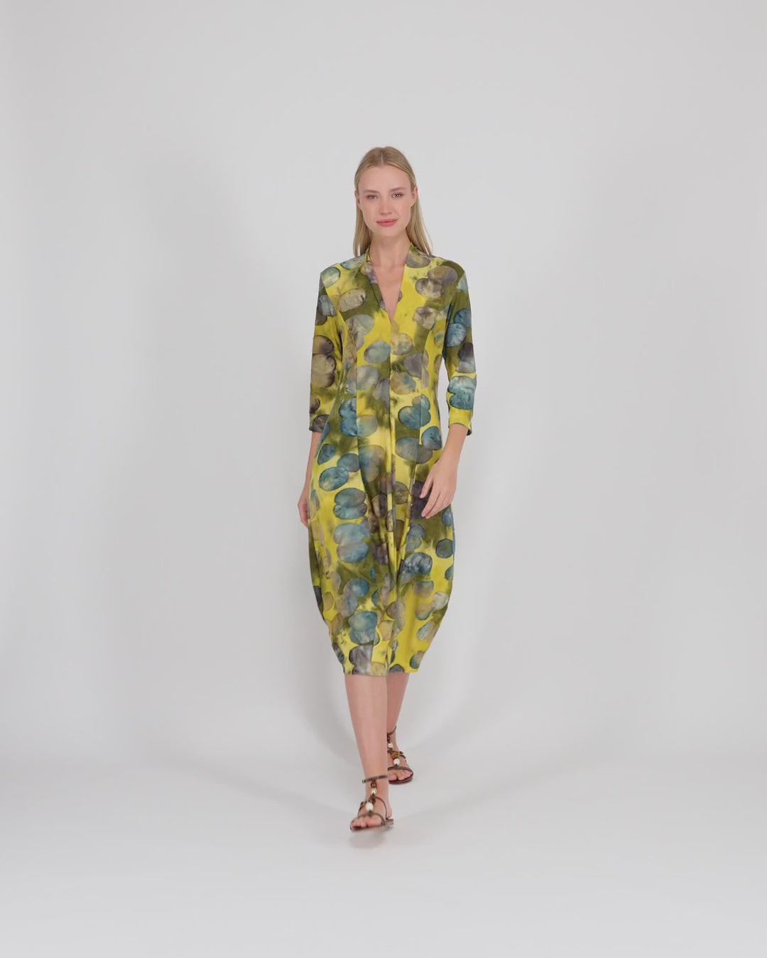 Saffron Cocoon Dress, Gold/Ocean Dots