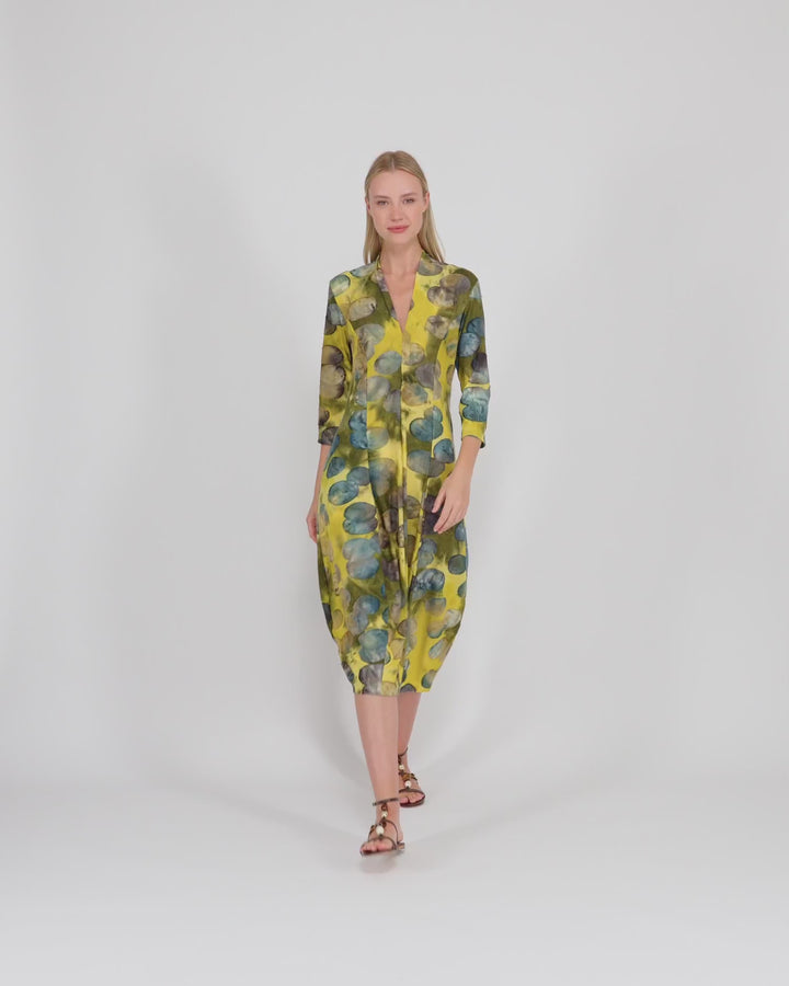 Saffron Cocoon Dress, Gold/Ocean Dots