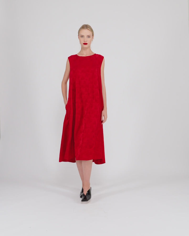Suzu Swing Dress, Red Jacquard