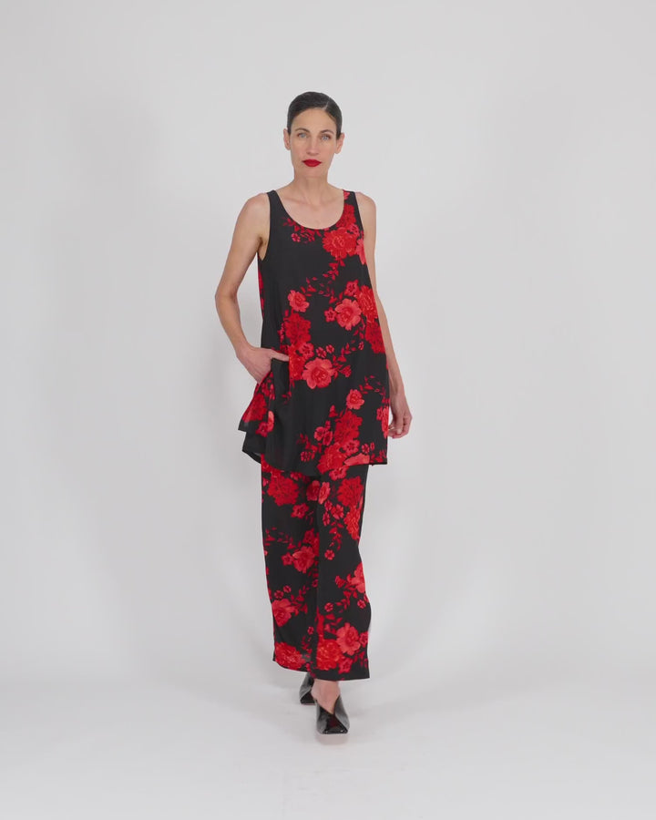 Iki Chiffon Tank, Black/Red Peony
