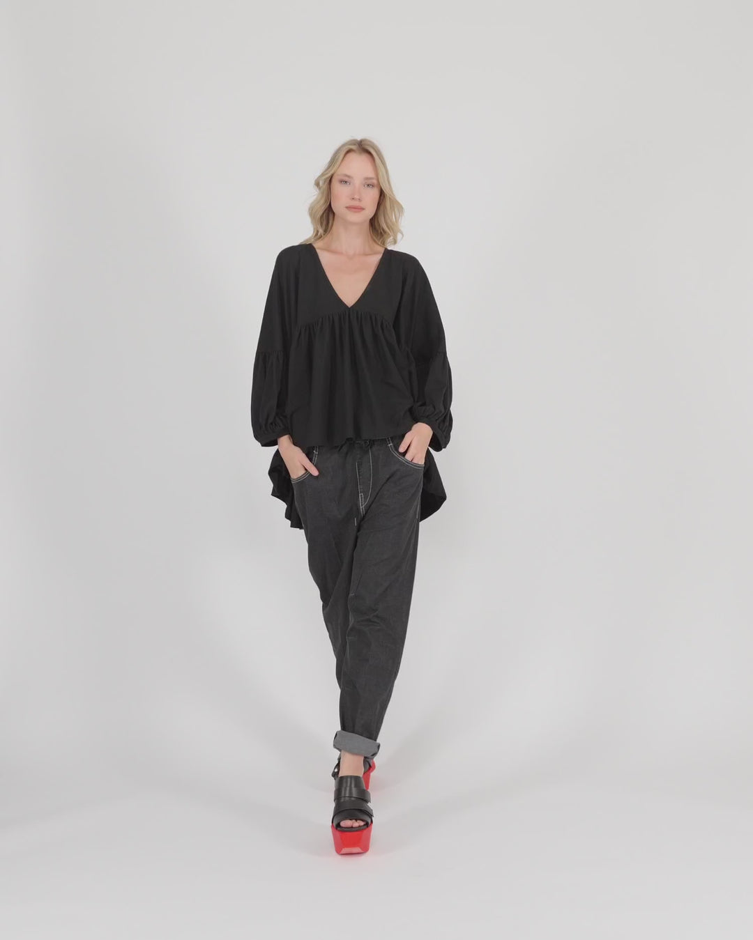 Urban Trapeze Puff Top, Black