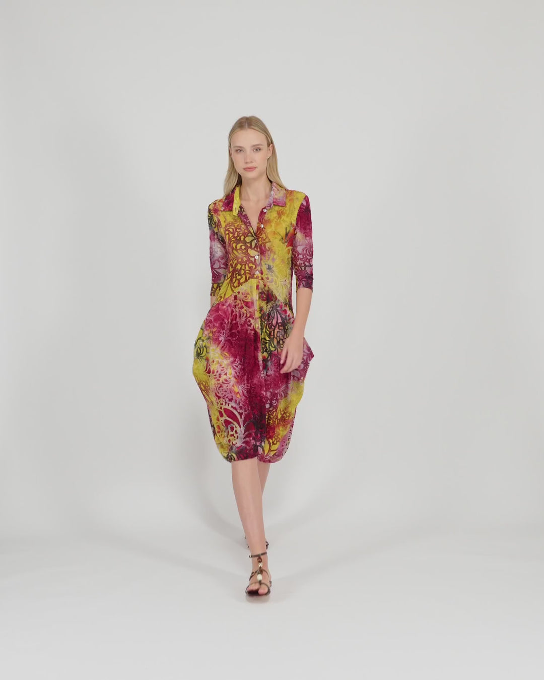 Tangle Draped Pockets Dress, Raspberry/Gold