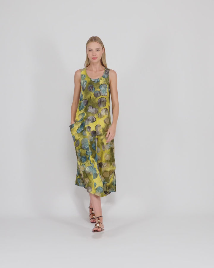 Talisman Tank Dress, Gold/Ocean Dots