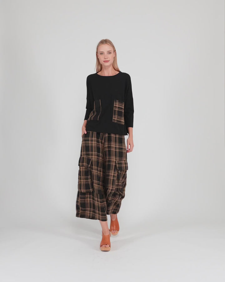 Linen Wide Cargo Pants, Sepia Plaid