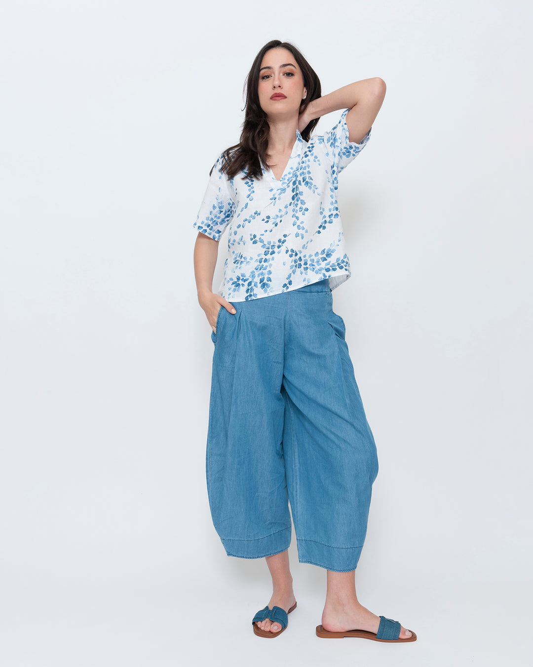 Blueberry Popover Top, White Flora