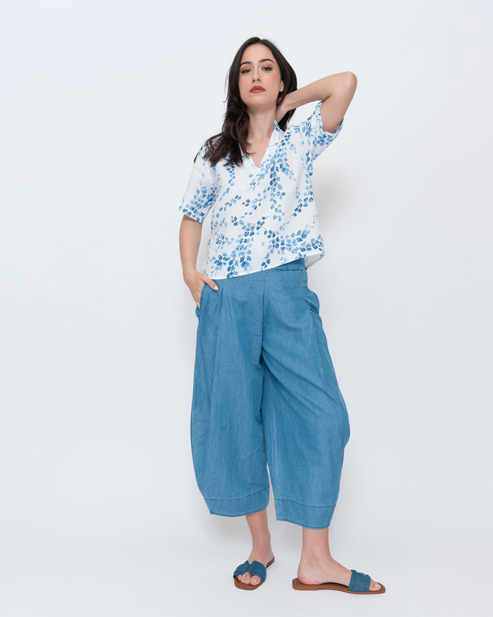 Blueberry Popover Top, White Flora