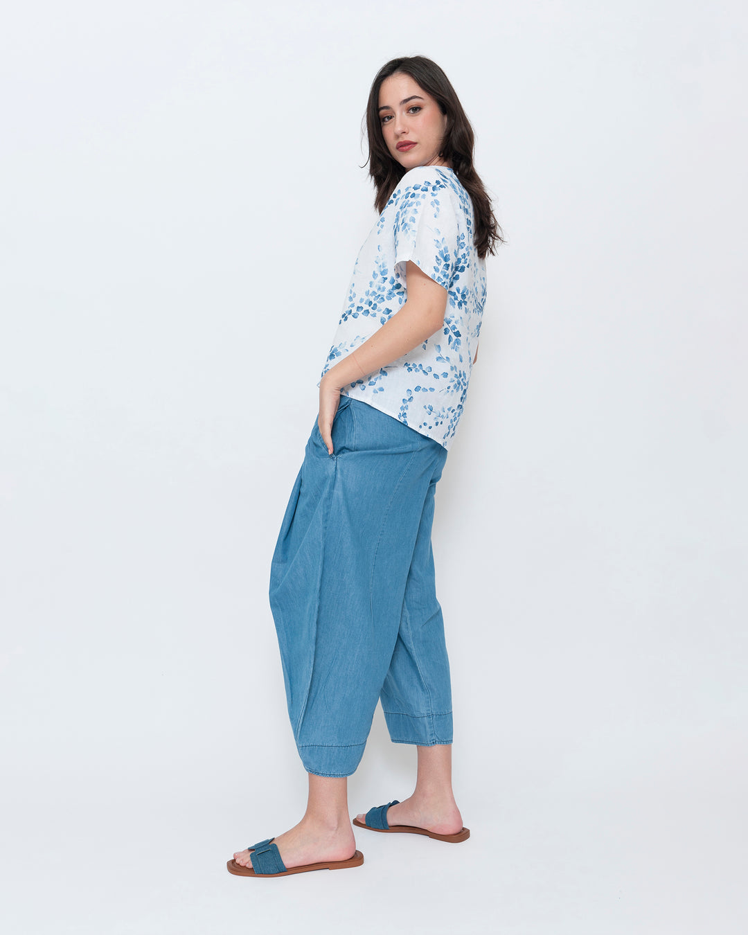 Blueberry Popover Top, White Flora