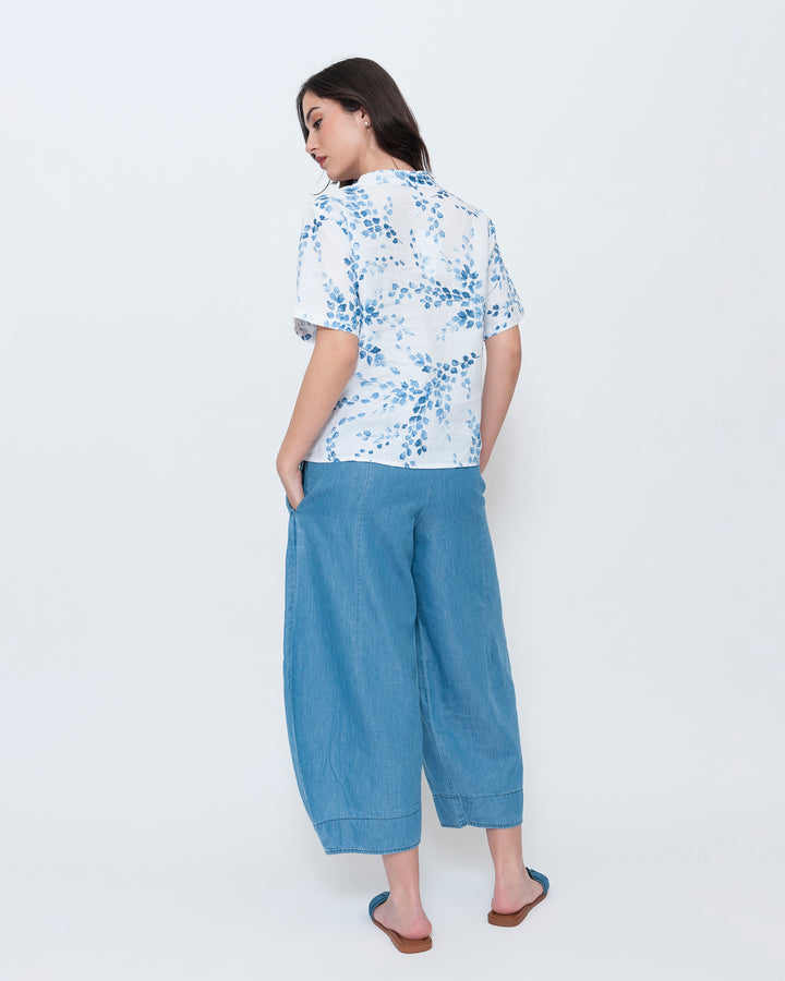 Blueberry Popover Top, White Flora