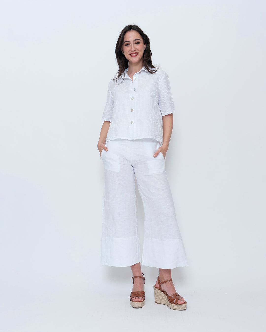 Blueberry Cropped Camp Shirt, Embroidered White