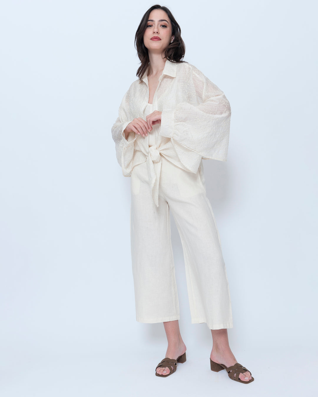 Blueberry Tie Front Shrug, Embroidered Ecru