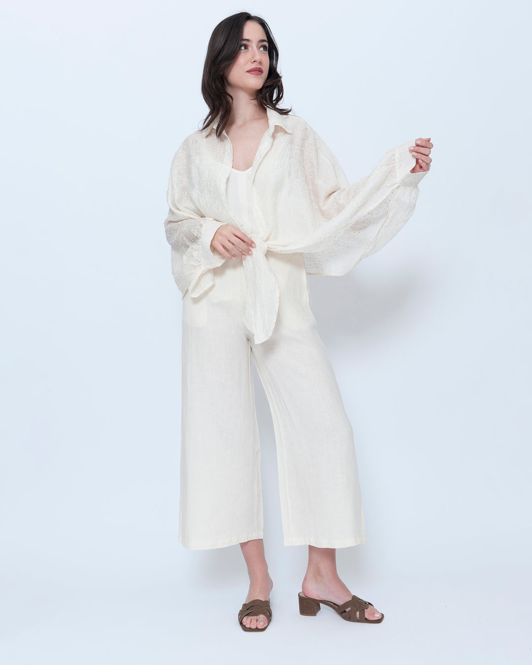 Blueberry Wide Leg Crop Pants, Ecru