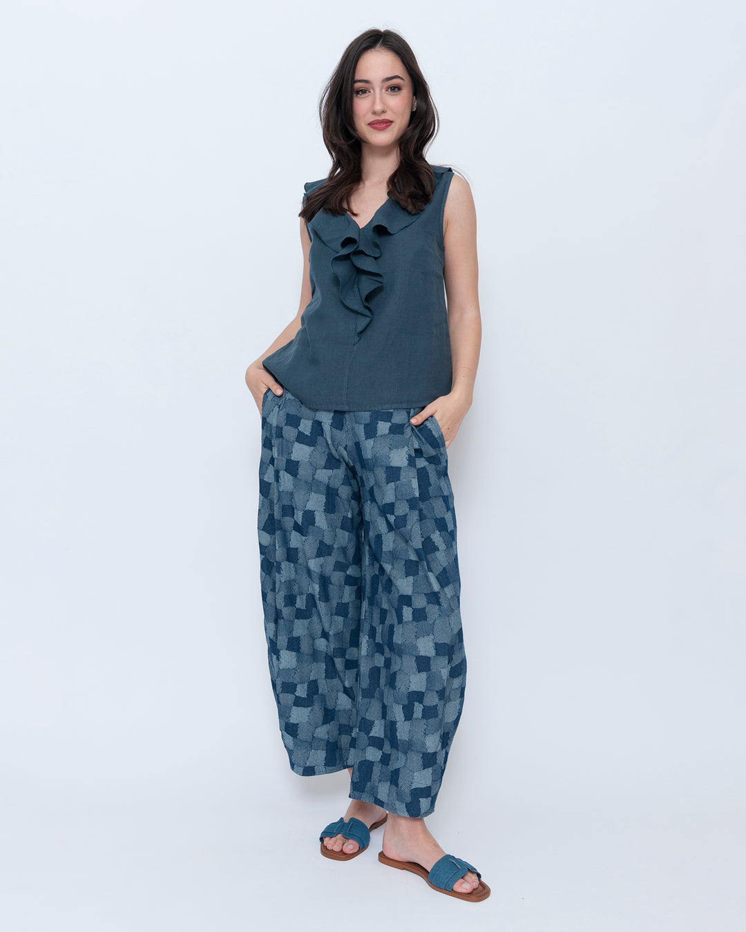 Blueberry Wave Neck Sleeveless Top, Navy