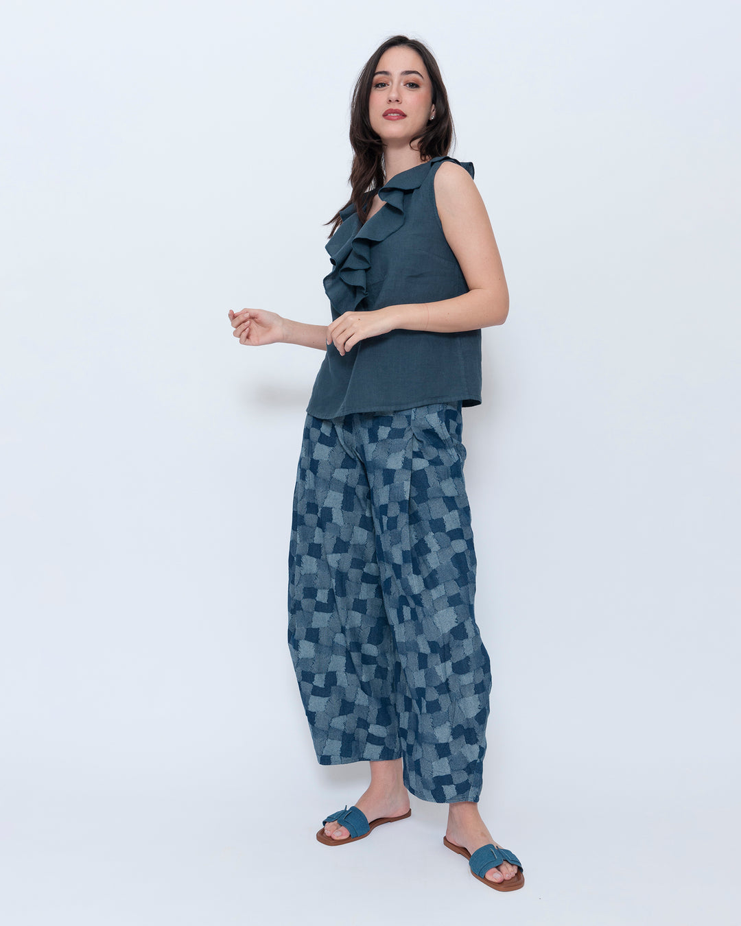 Blueberry Wave Neck Sleeveless Top, Navy