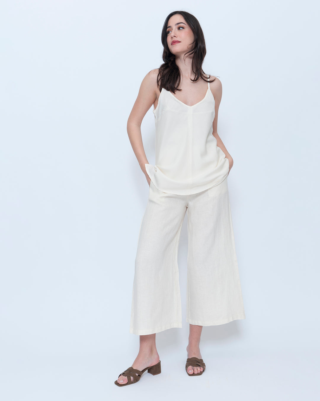 Blueberry Wide Leg Crop Pants, Ecru