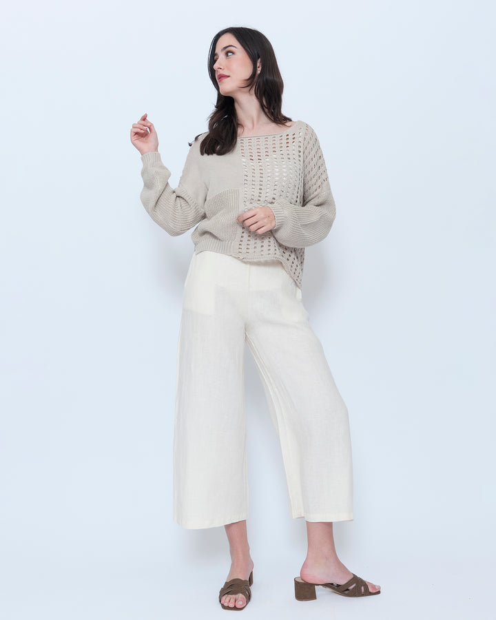 Blueberry Wide Leg Crop Pants, Ecru