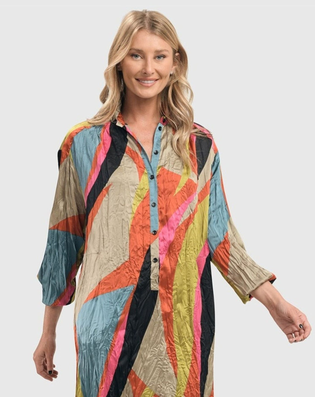 Abstract Crinkle Shirtdress, Multi