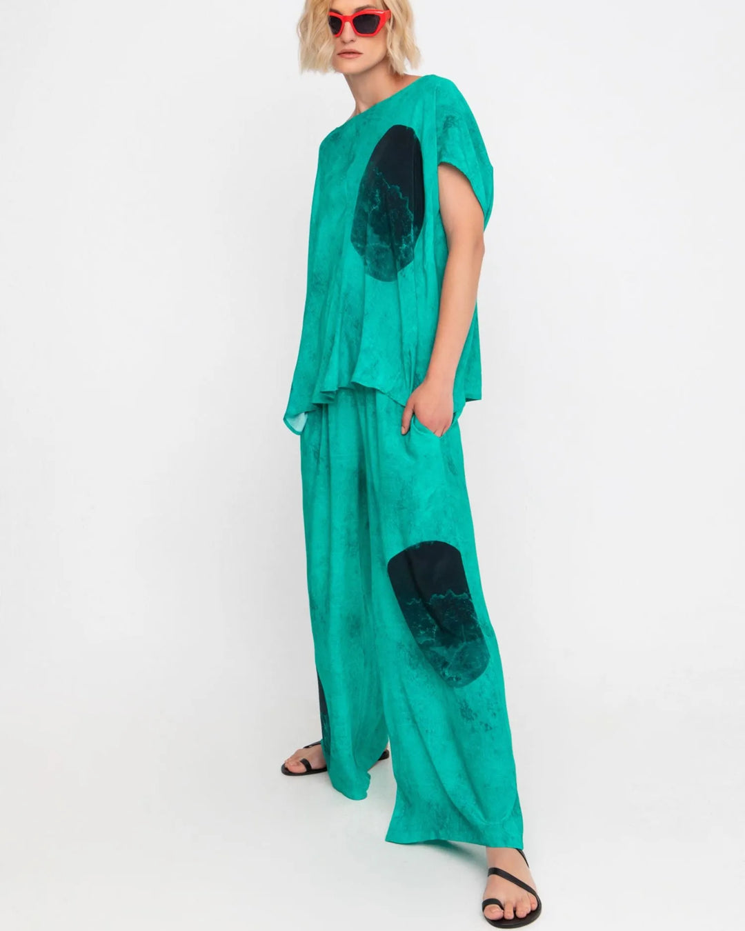 Ozai N Ku Aquatic Palazzo Pants, Aqua/black