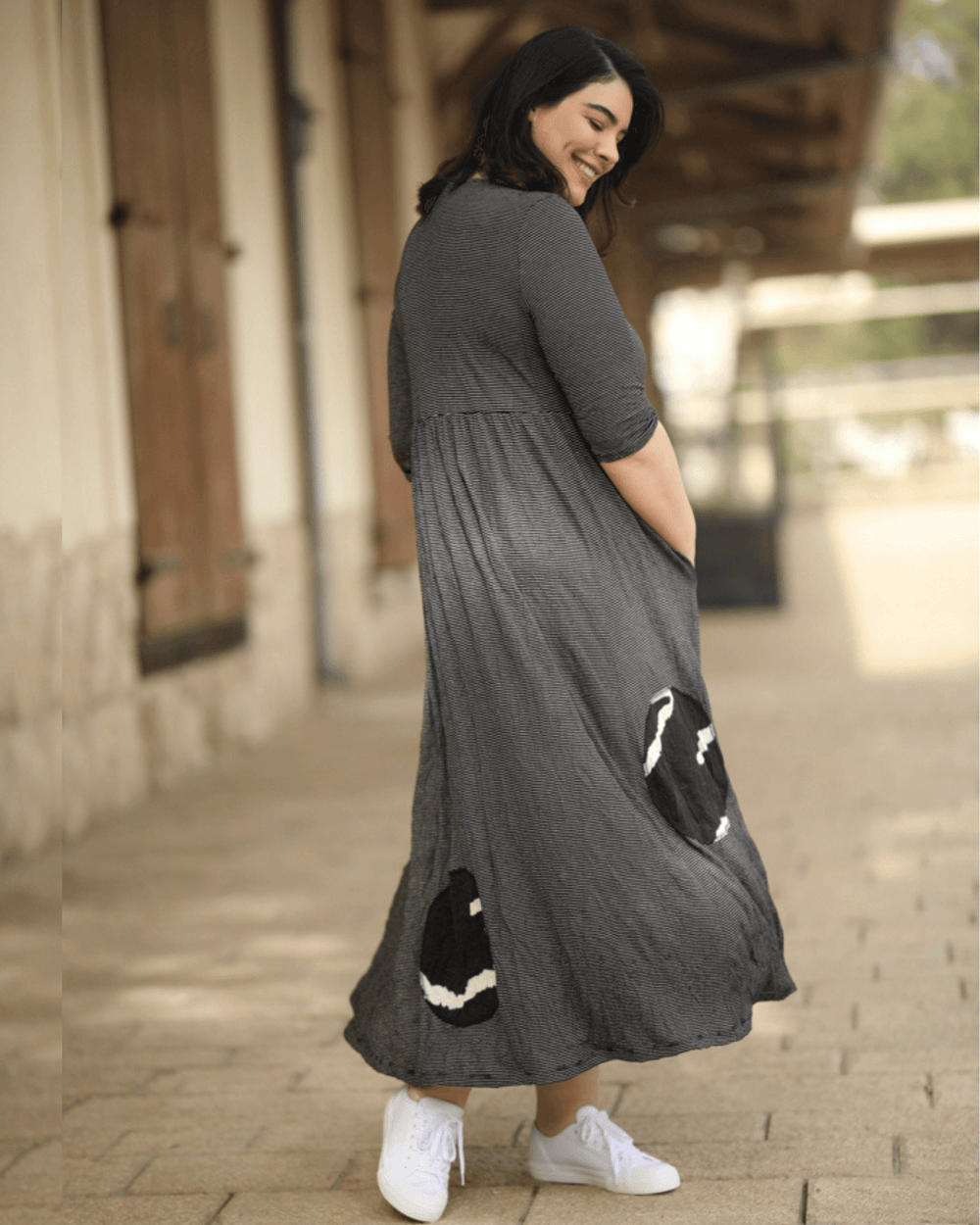 Empire Crinkle Long Dress, Stripe - Alembika Designer Women's Clothing