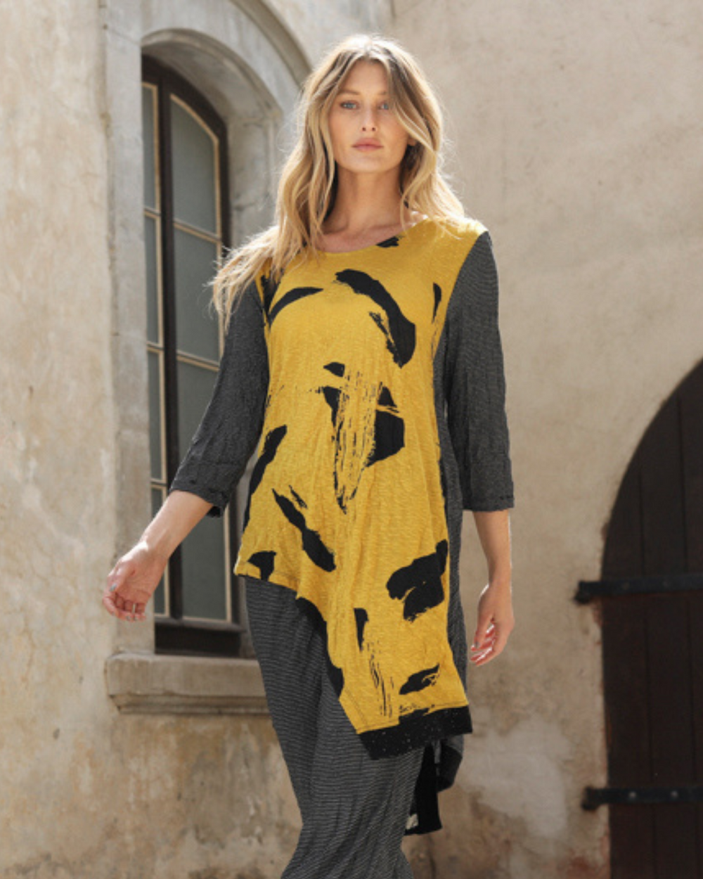 Hi-Lo Crinkle Tunic Top in Yellow for women over 50