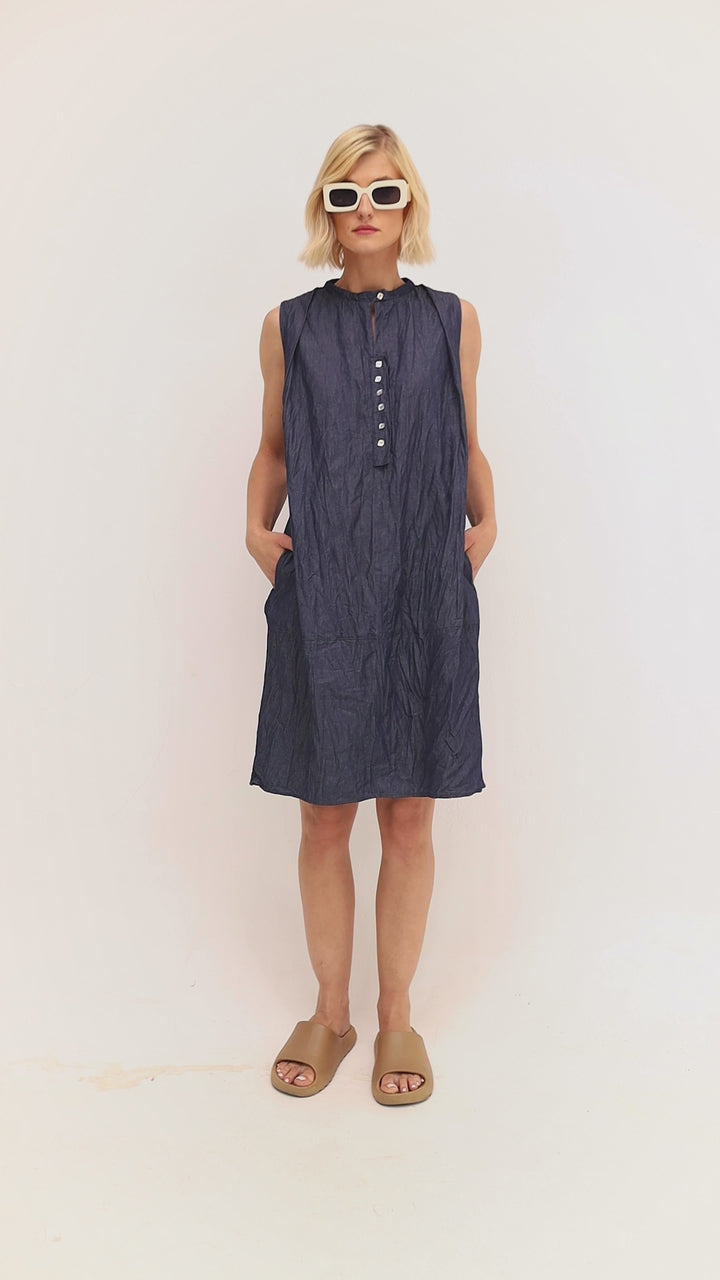 Ozai N Ku Button-Tab Crinkle Dress, Denim