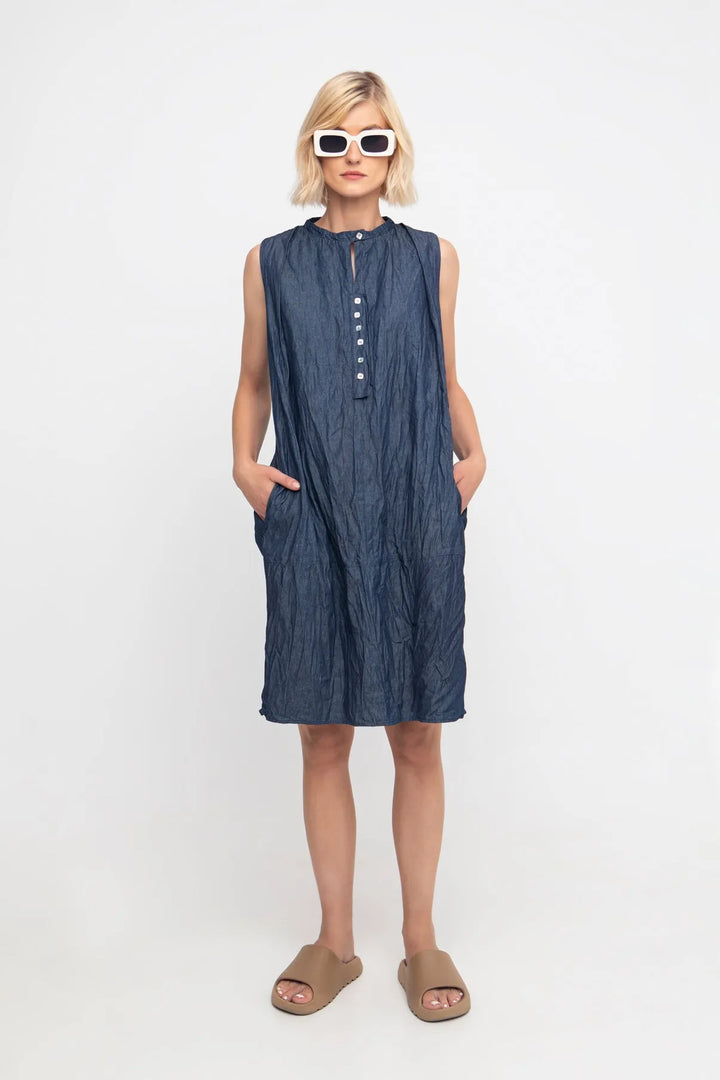 Ozai N Ku Button-Tab Crinkle Dress, Denim