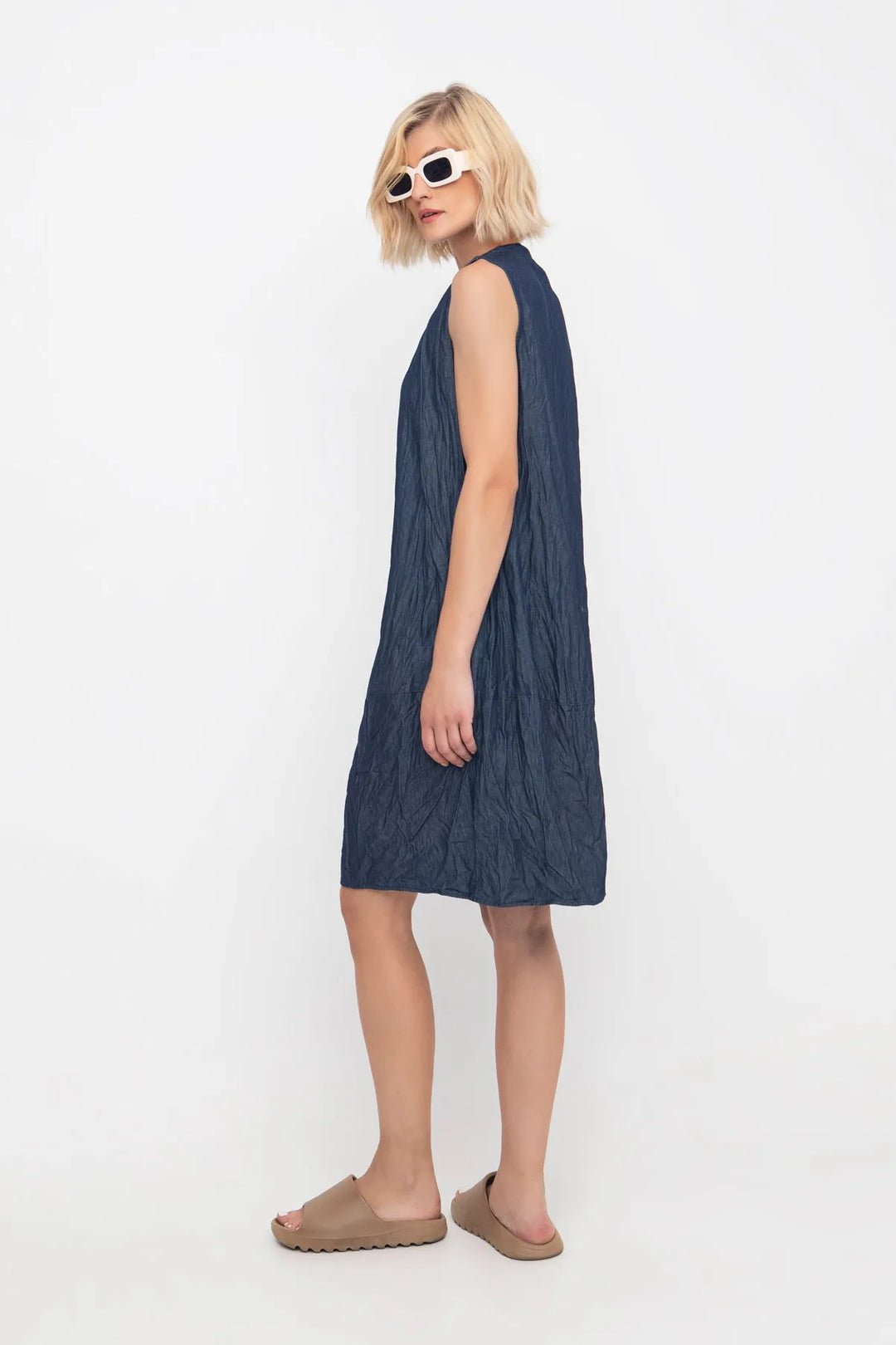 Ozai N Ku Button-Tab Crinkle Dress, Denim