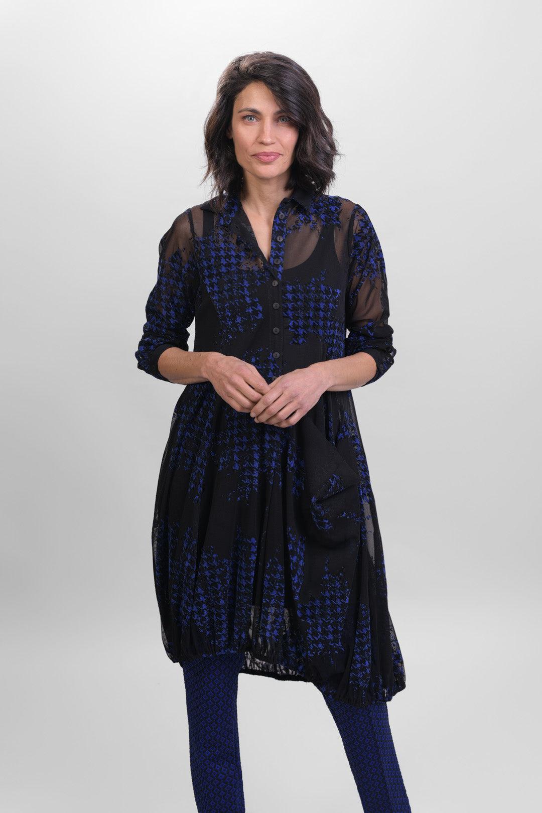 Floral Check Wonderful Dress, Blue - Alembika Designer Women's Clothing