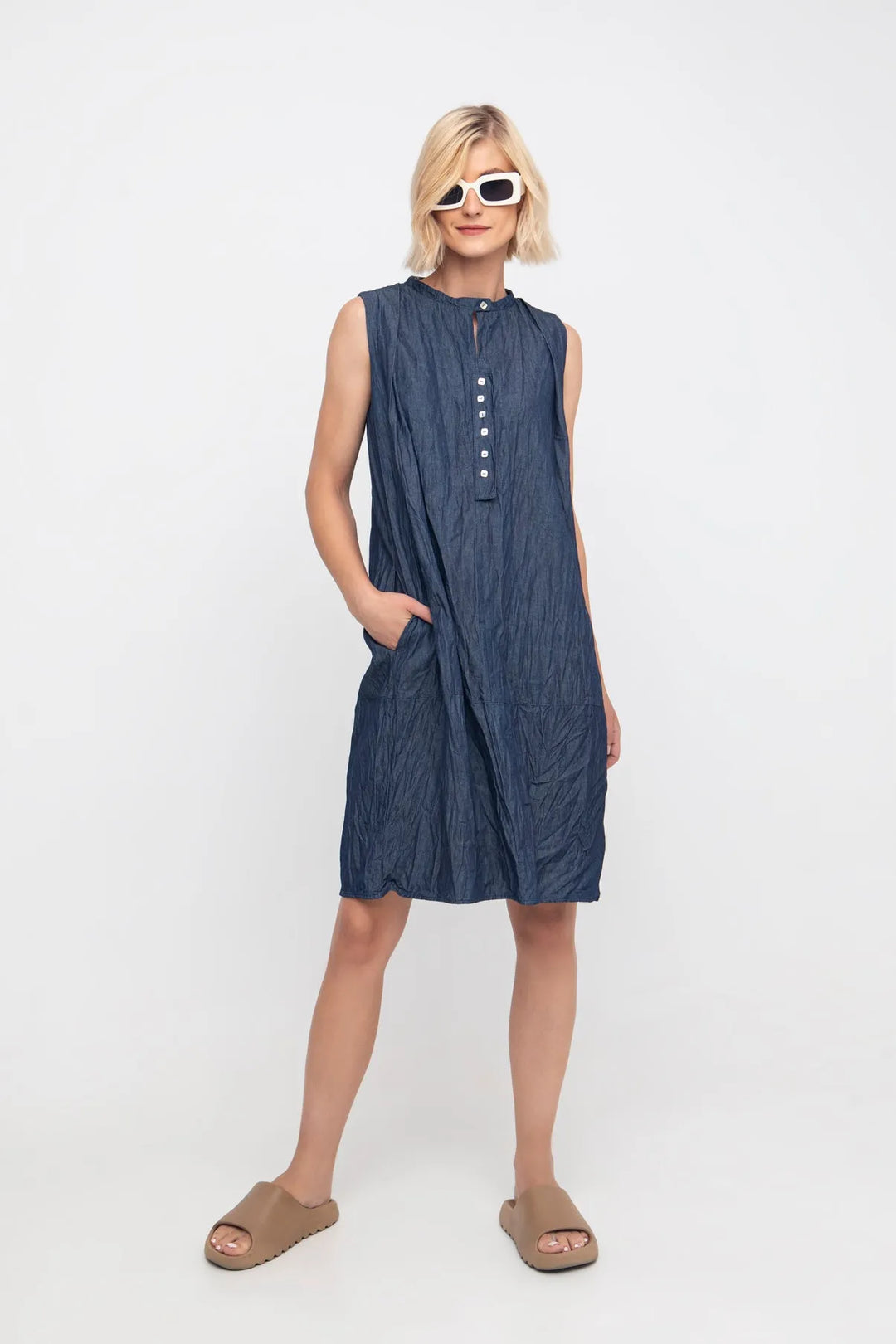 Ozai N Ku Button-Tab Crinkle Dress, Denim