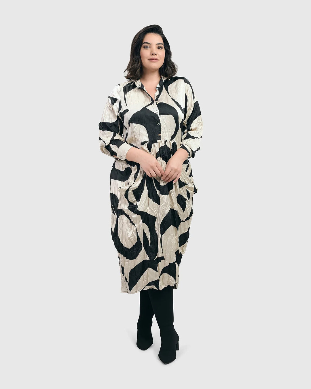 Ribbon Crinkle Midi Dress, Cream/black Alembika U.S. Ribbon Crinkle Midi Dress, Cream/black Alembika U.S.