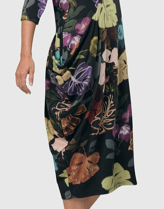 Bali Draped-Pocket Dress, Leaves Multi