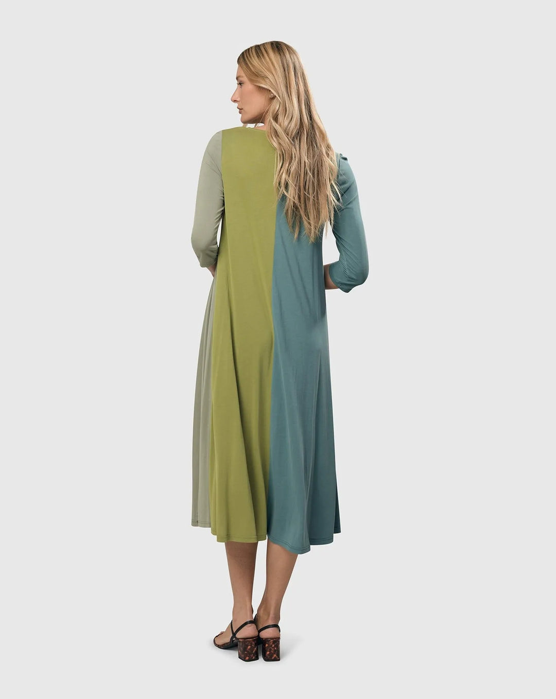 Tricolor Trapeze Maxi Dress, Teal/celery – Alembika U.S Tricolor Trapeze Maxi Dress, Teal/celery – Alembika U.S