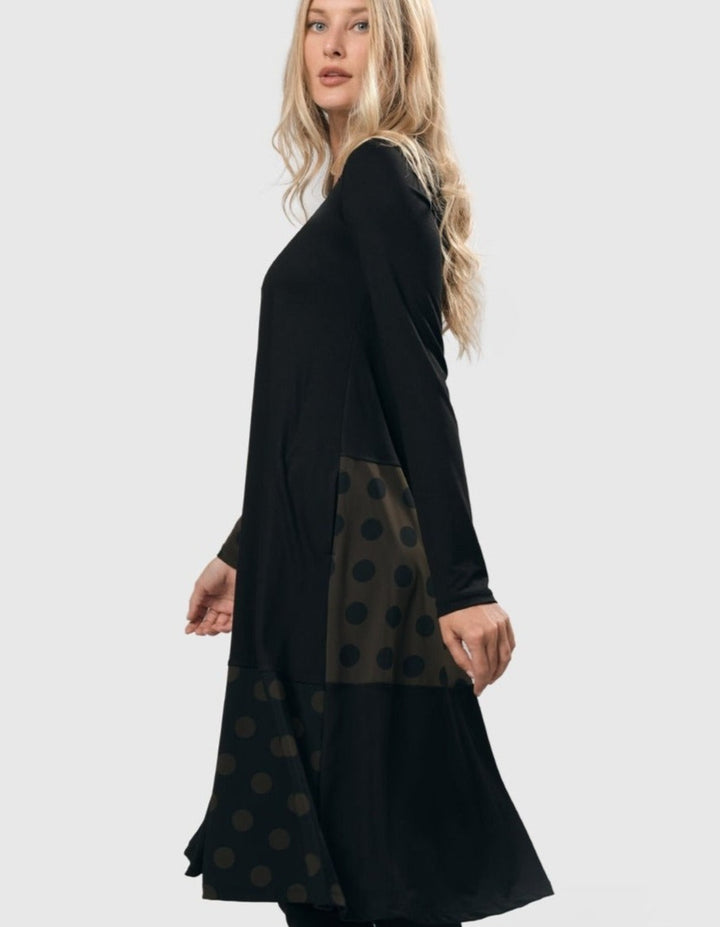 Tekbika Dot Trapeze Dress, Black/Khaki