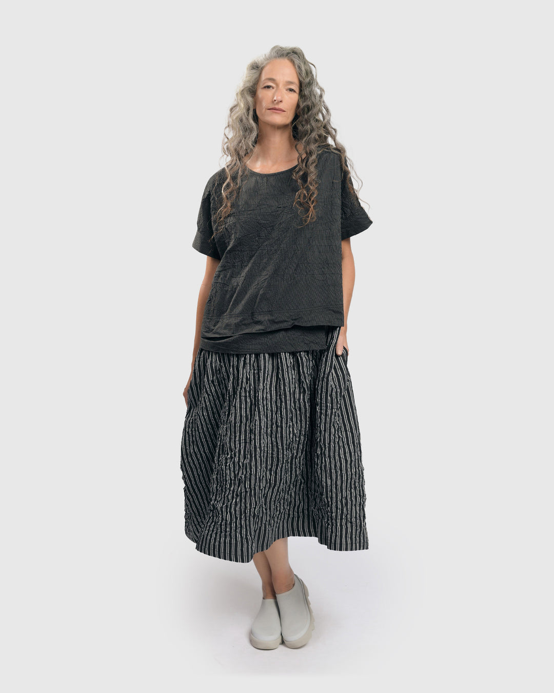Urban Pinstripe Crinkle Maxi Dress, Silver/black