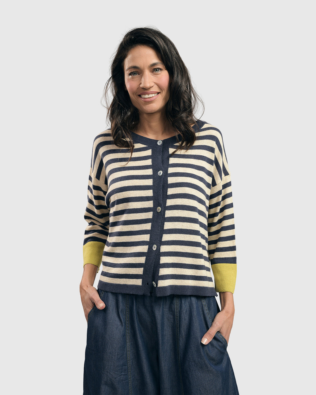 Moana Striped Cardigan Sweater, Gold/Blue