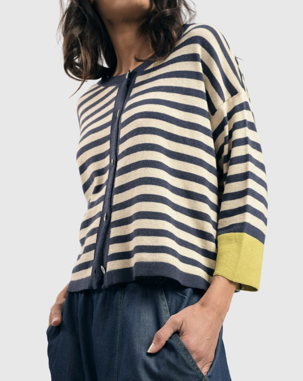 Moana Striped Cardigan Sweater, Gold/Blue