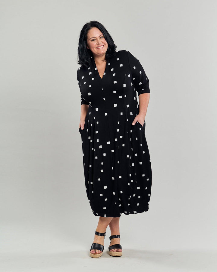 Carla Cocoon Midi Dress, Squares - Alembika Designer Women's Clothing