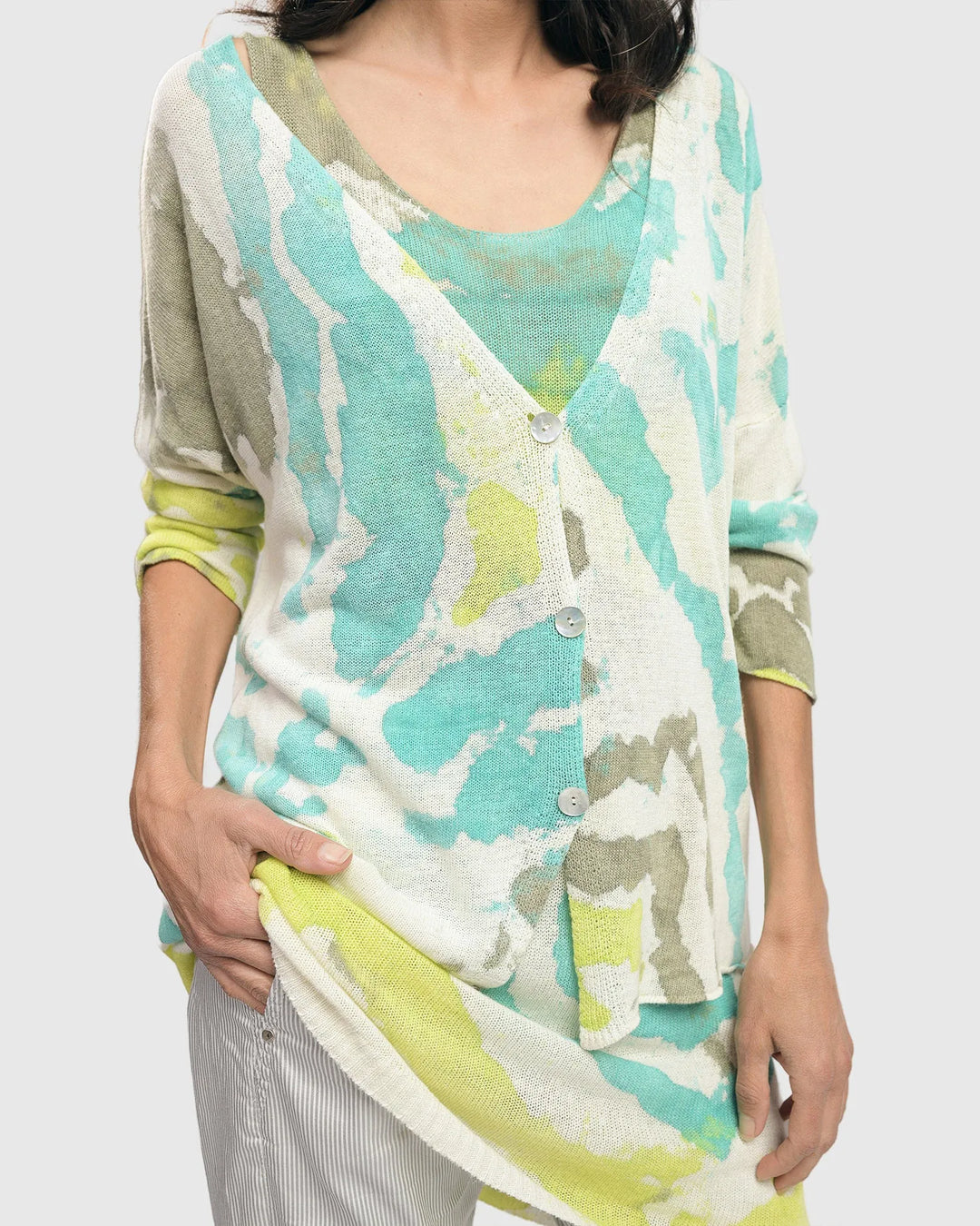 Watercolor Sleeveless Tunic Sweater, Lagoon