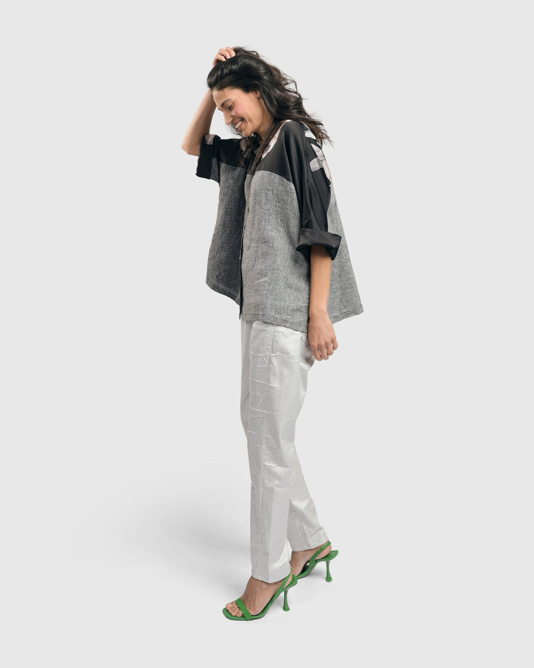 Mia Rose-Yoked Linen Shirt, Grey Mix