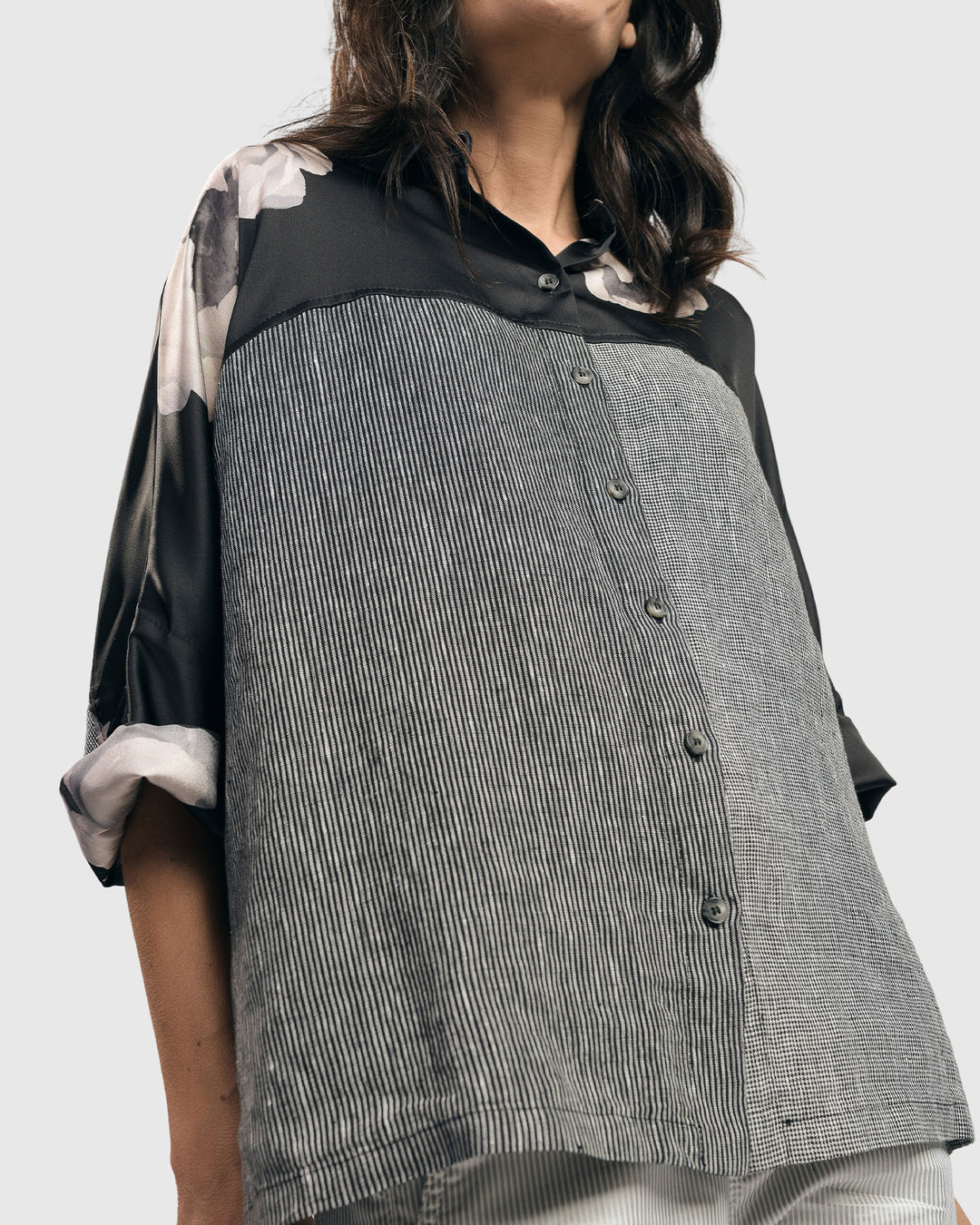 Mia Rose-Yoked Linen Shirt, Grey Mix