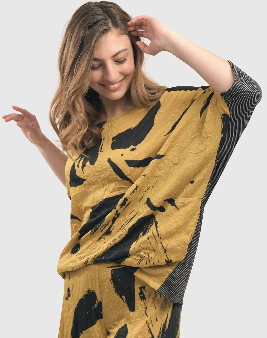 Yellow Crinkle Dolman Top for women over 50