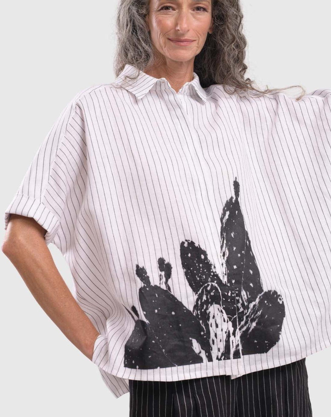 Cactus Button-Down Shirt, White - Alembika Designer Women's Clothing