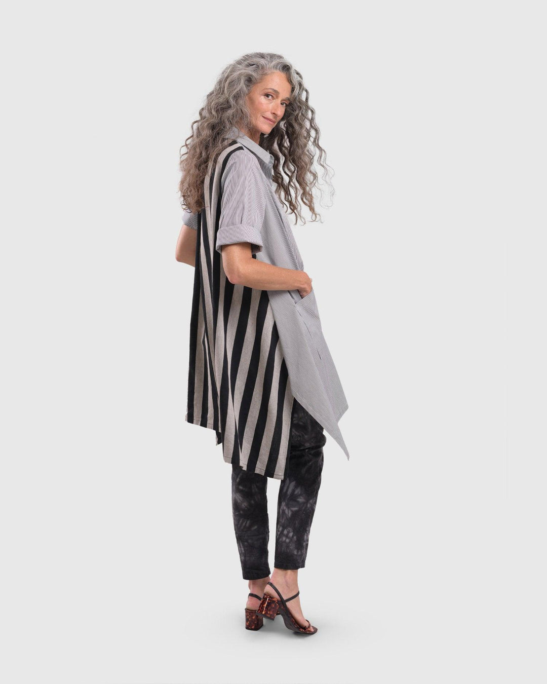 Bars Button-Down Tunic Shirt, Stripe - Alembika Designer Women's Clothing