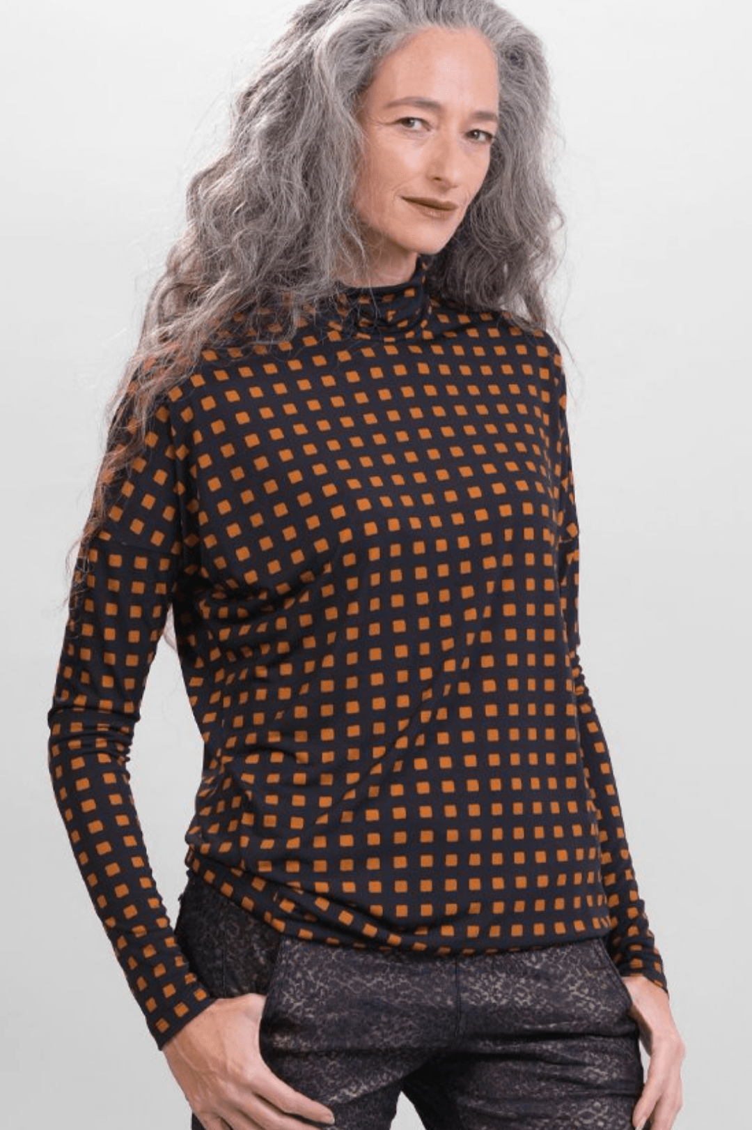 Check Mockneck Top, Orange - Alembika Designer Women's Clothing