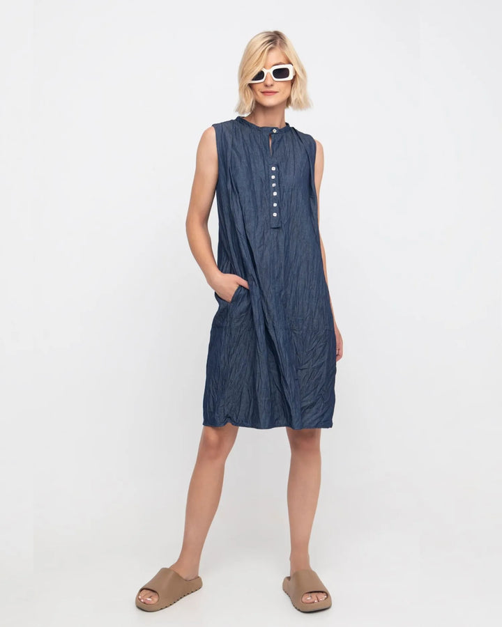 Ozai N Ku Button-Tab Crinkle Dress, Denim